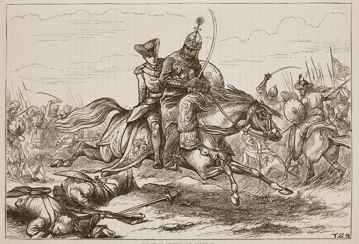 Escape do tenente Goreham, ilustração da história ilustrada de Cassells da Índia por James Grant, bar. 1879 de English School