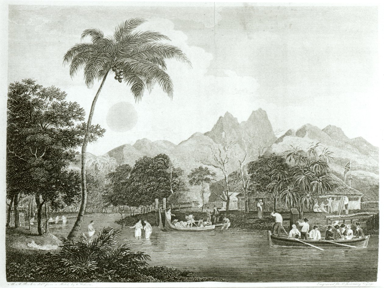 Missionários europeus em uma aldeia taitiana, de uma viagem missionária ao Oceano Pacífico do Sul, realizada nos anos 1796-98 no navio Duff, publicada em 1799 de English School