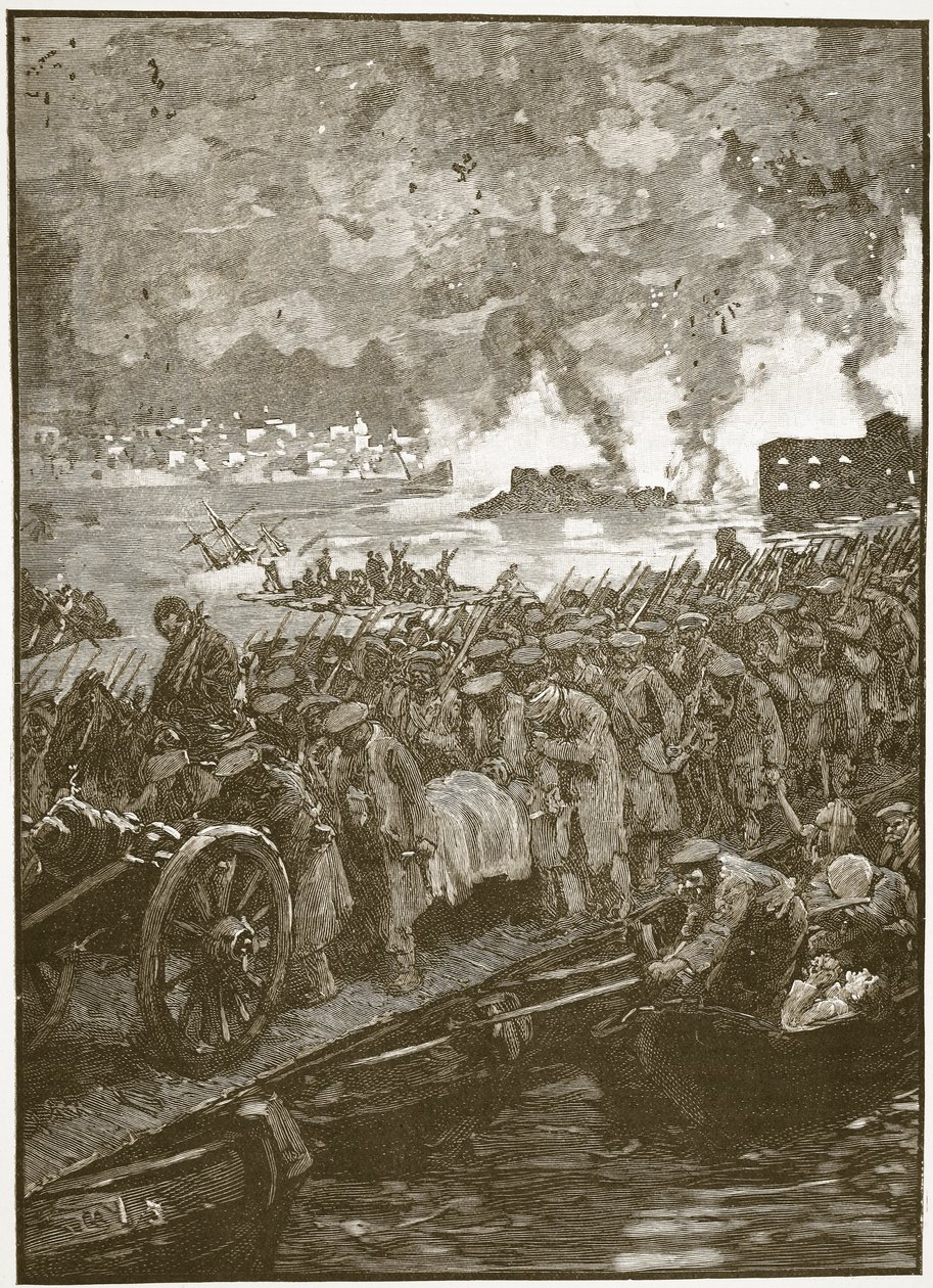 Evacuação de Sebastapol, ilustração da história ilustrada de Cassells da Inglaterra (foto sépia) de English School