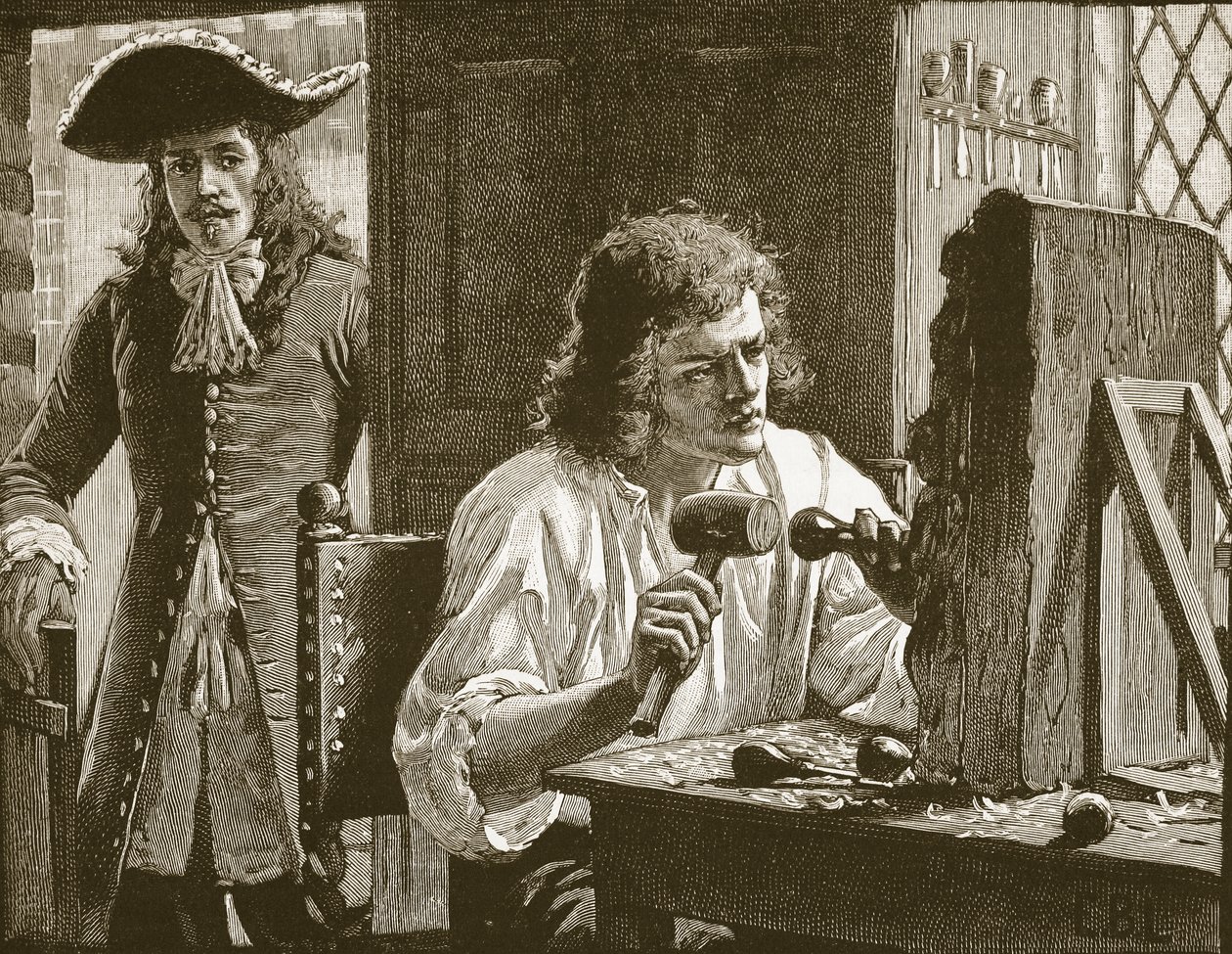 Evelyn descobrindo Grinling Gibbons, ilustração da história ilustrada de Cassells da Inglaterra (foto sépia) de English School