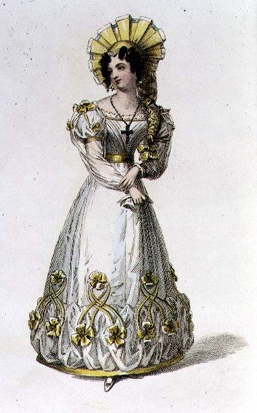 Vestido de noite, placa de moda do Repositório de Artes da Ackermann (gravação colorida) de English School