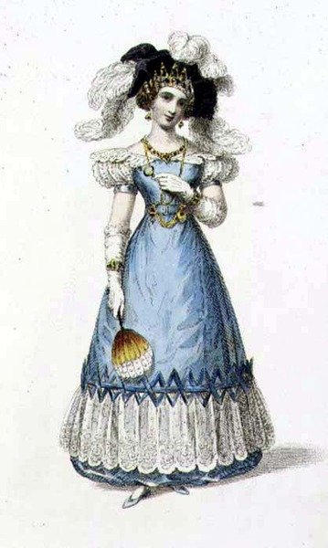 Vestido de noite, placa de moda do Repositório de Artes da Ackermann (gravação colorida) de English School
