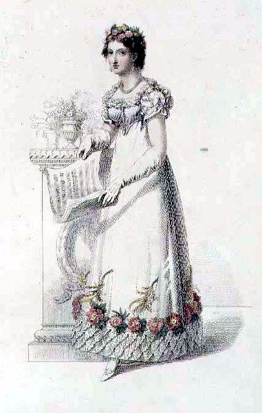 Vestido de noite, placa de moda do Repositório de Artes da Ackermann (gravação colorida) de English School