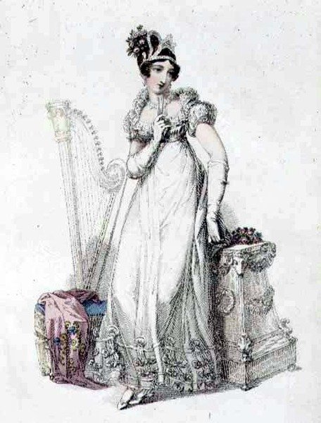 Vestido de noite, placa de moda do Repositório de Artes da Ackermann (gravação colorida) de English School