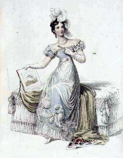 Vestido de noite, placa de moda do Repositório de Artes da Ackermann (gravação colorida) de English School