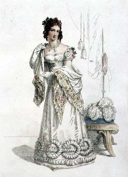 Vestido de noite, placa de moda do Repositório de Artes da Ackermann (gravação colorida) de English School