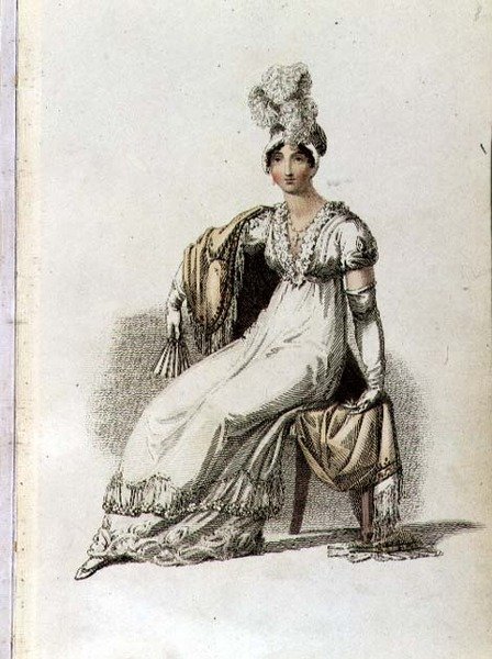 Vestido de noite, placa de moda do Repositório de Artes da Ackermann (gravação colorida) de English School
