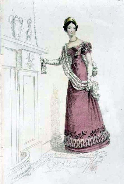 Vestido de noite, placa de moda do Repositório de Artes da Ackermann (gravação colorida) de English School