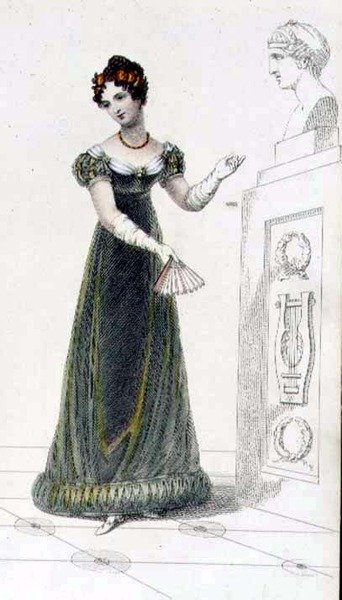 Vestido de noite, placa de moda do Repositório de Artes da Ackermann (gravação colorida) de English School
