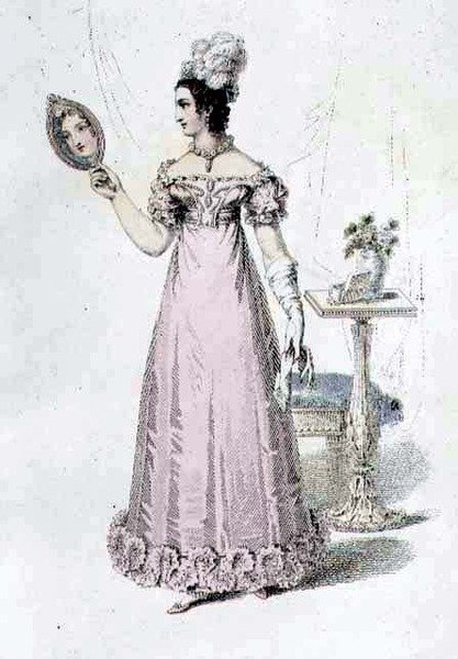 Vestido de noite, placa de moda do Repositório de Artes da Ackermann (gravação colorida) de English School