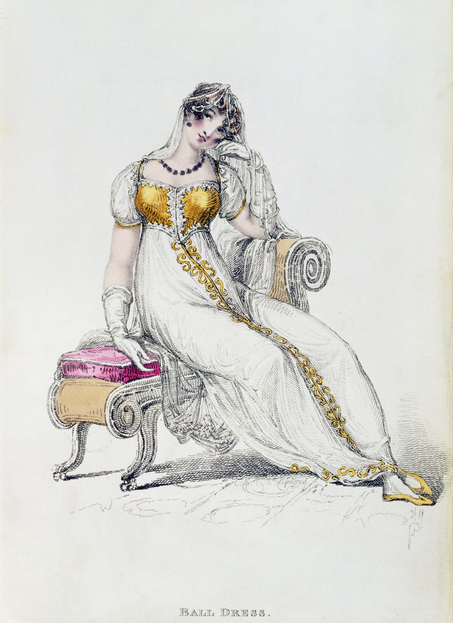 Vestido de noite ou vestido de noiva, moda placa de Ackermanns Repository of Arts de English School