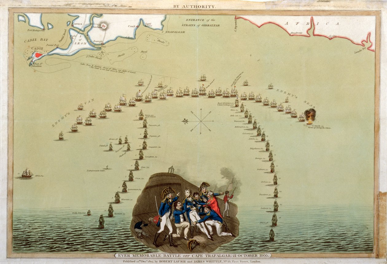 Batalha Sempre Memorável em Cape Trafalgar, 21 de outubro de 1805, publicado por Laurie & Whittle, 12 de dezembro de 1805 (aquatinta colorida) de English School