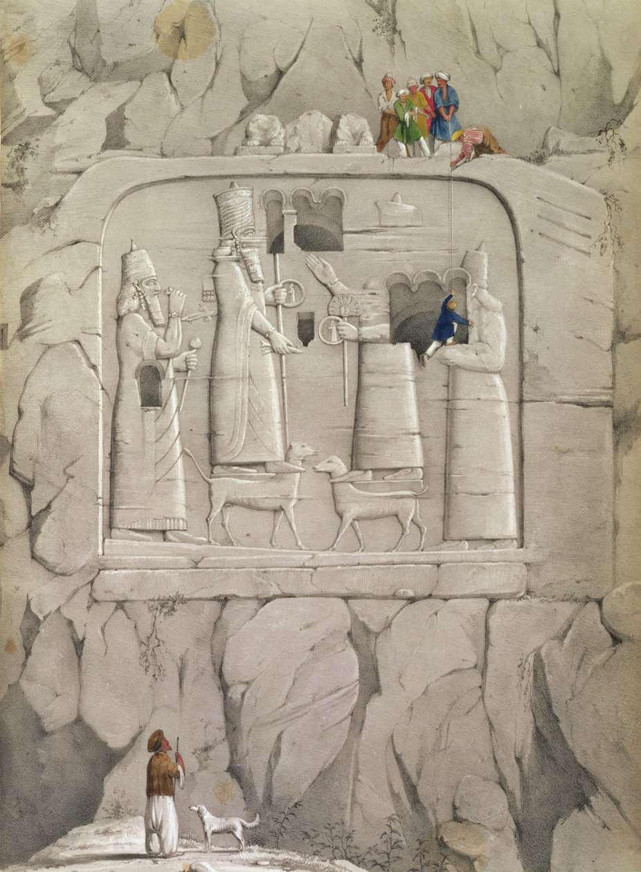 Examinando uma Escultura de Rocha Assíria, de "Descobertas nas Ruínas de Nínive e Babilônia" por Austen Henry Layard de English School