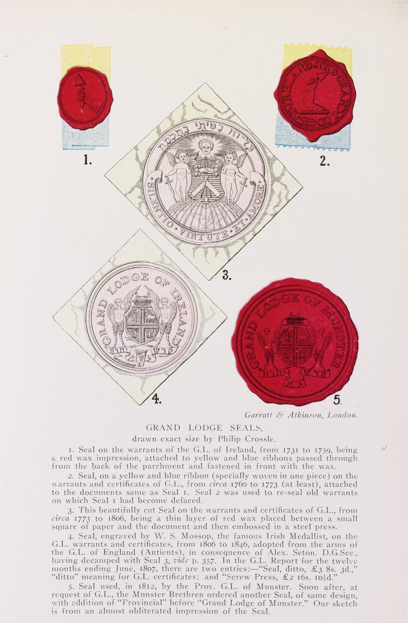 Exemplos de selos Grand Lodge ingleses e irlandeses de English School