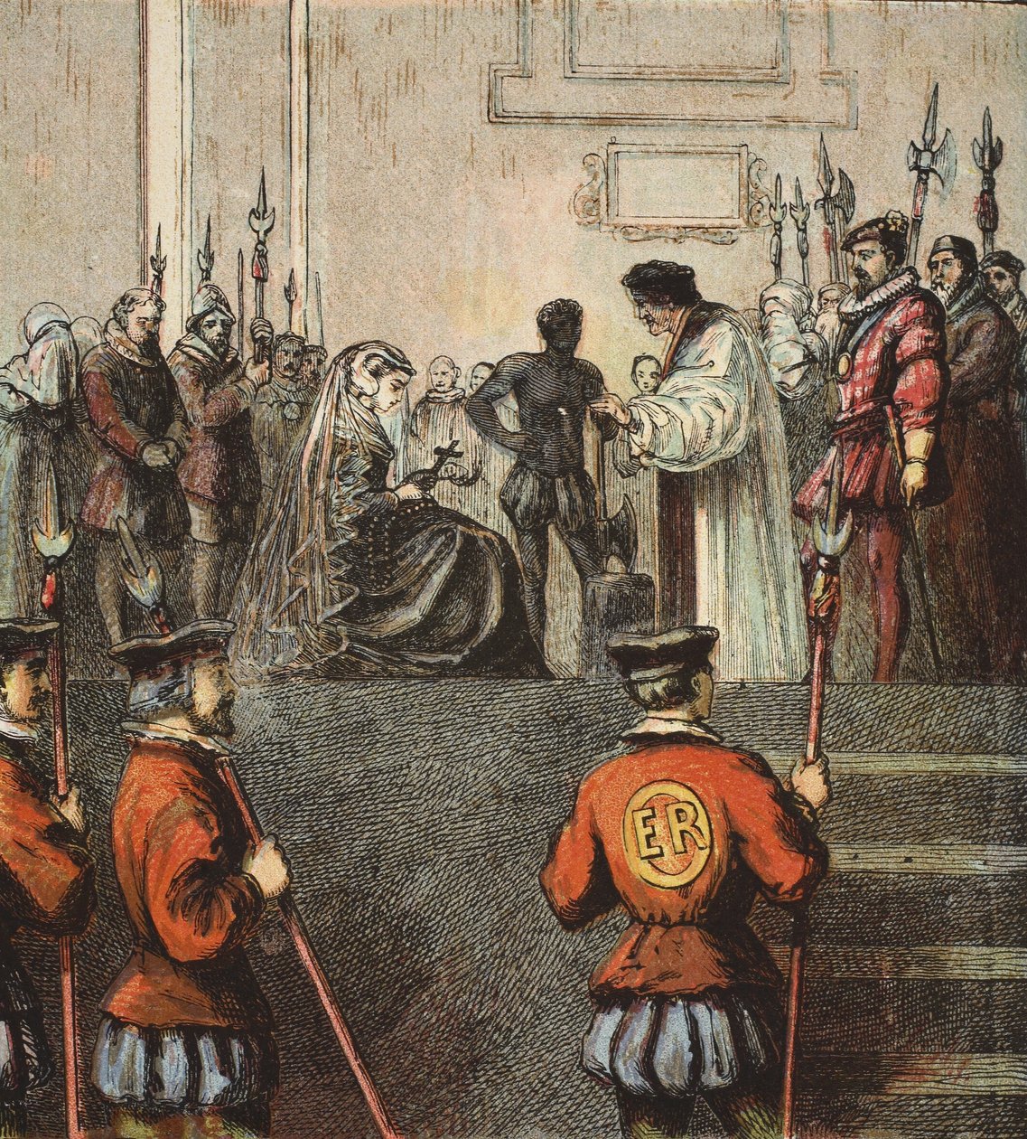 Execução de Maria, Rainha dos Escoceses, pub. 1890 (litografia a cores) de English School