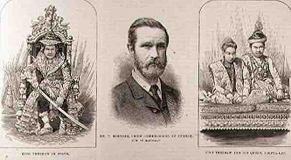 Expedição à Alta Birmânia: Rei Theebaw (1858-1916) no Estado, Sr. T. Bernard, Comissário Chefe de Burmah, agora em Mandalay, Rei Theebaw e sua Rainha, Soopya-Lat, do The Illustrated London News, de English School