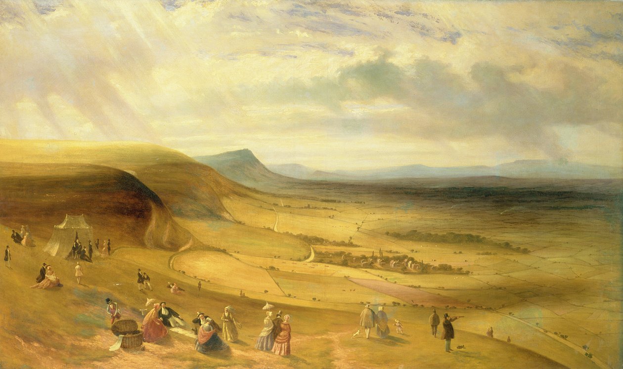 Vista extensa do dique do diabo, Newmarket com piqueniques gentry, c.1840 de English School