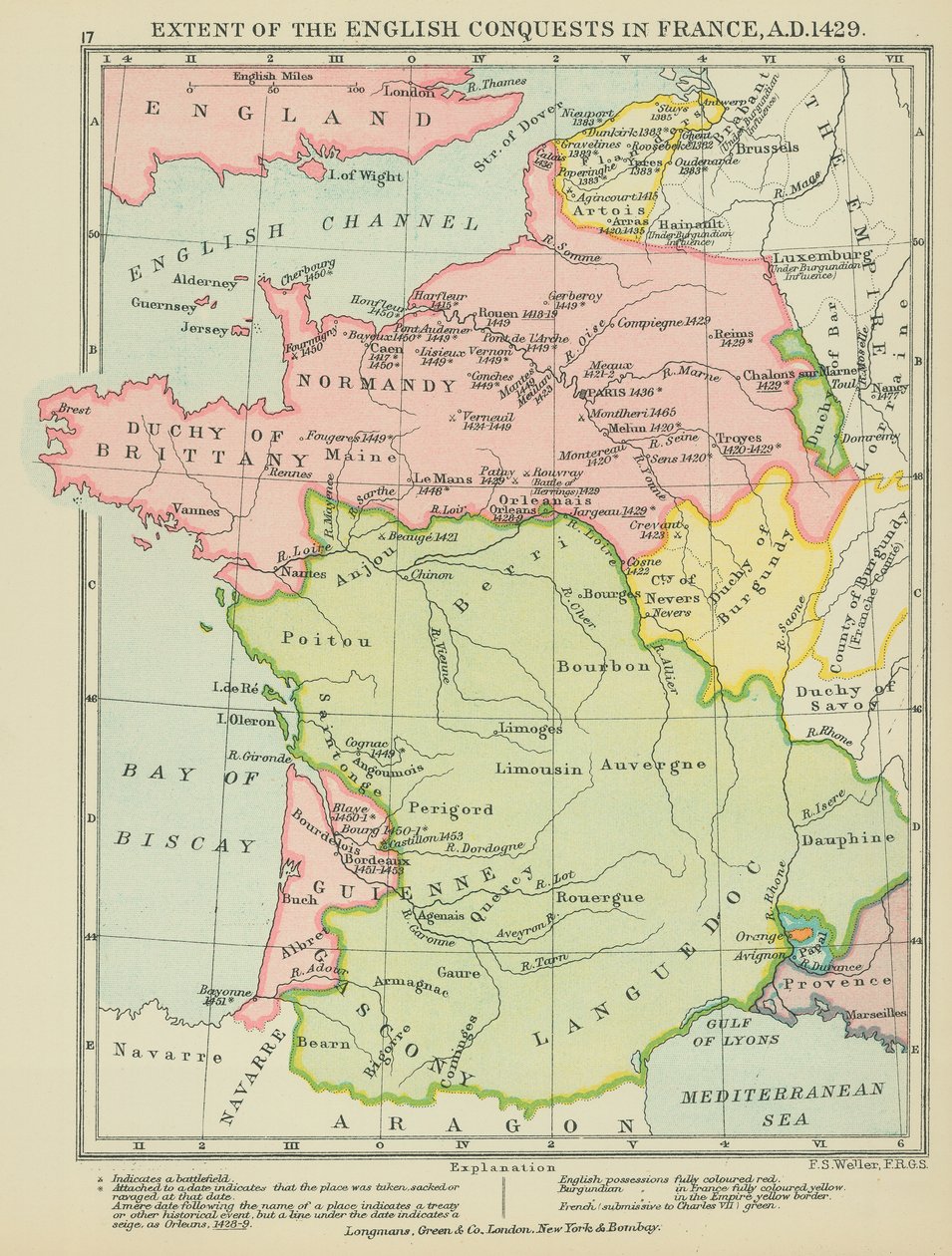 Extensão das conquistas inglesas em França, 1429 d.C. (litografia a cores) de English School