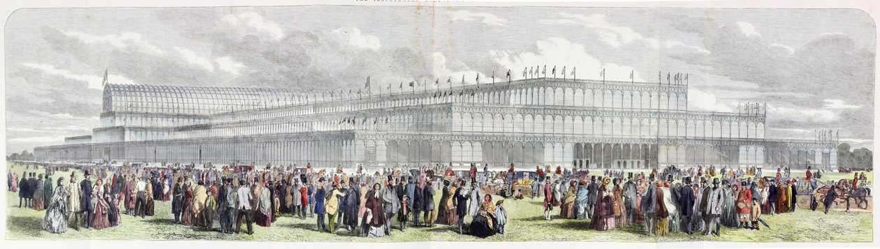 Exterior do Palácio de Cristal Erected in Hyde Park para a Exposição da Indústria de todas as Nações (gravura colorida) de English School