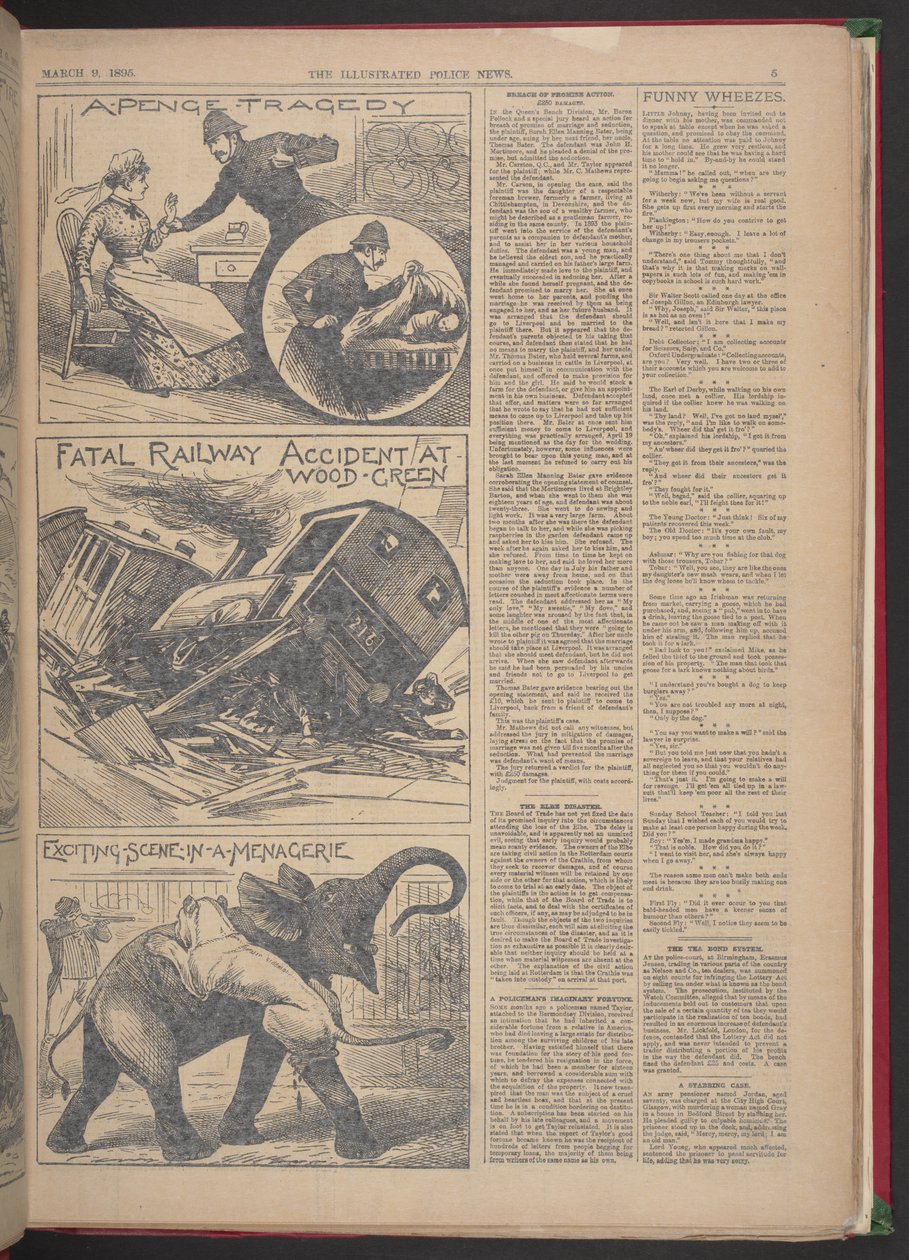 "ACIDENTE FERROVIÁRIO FATAL EM WOOD-GREEN". Illustrated Police News, 9 de março de 1895 (papel de jornal) de English School