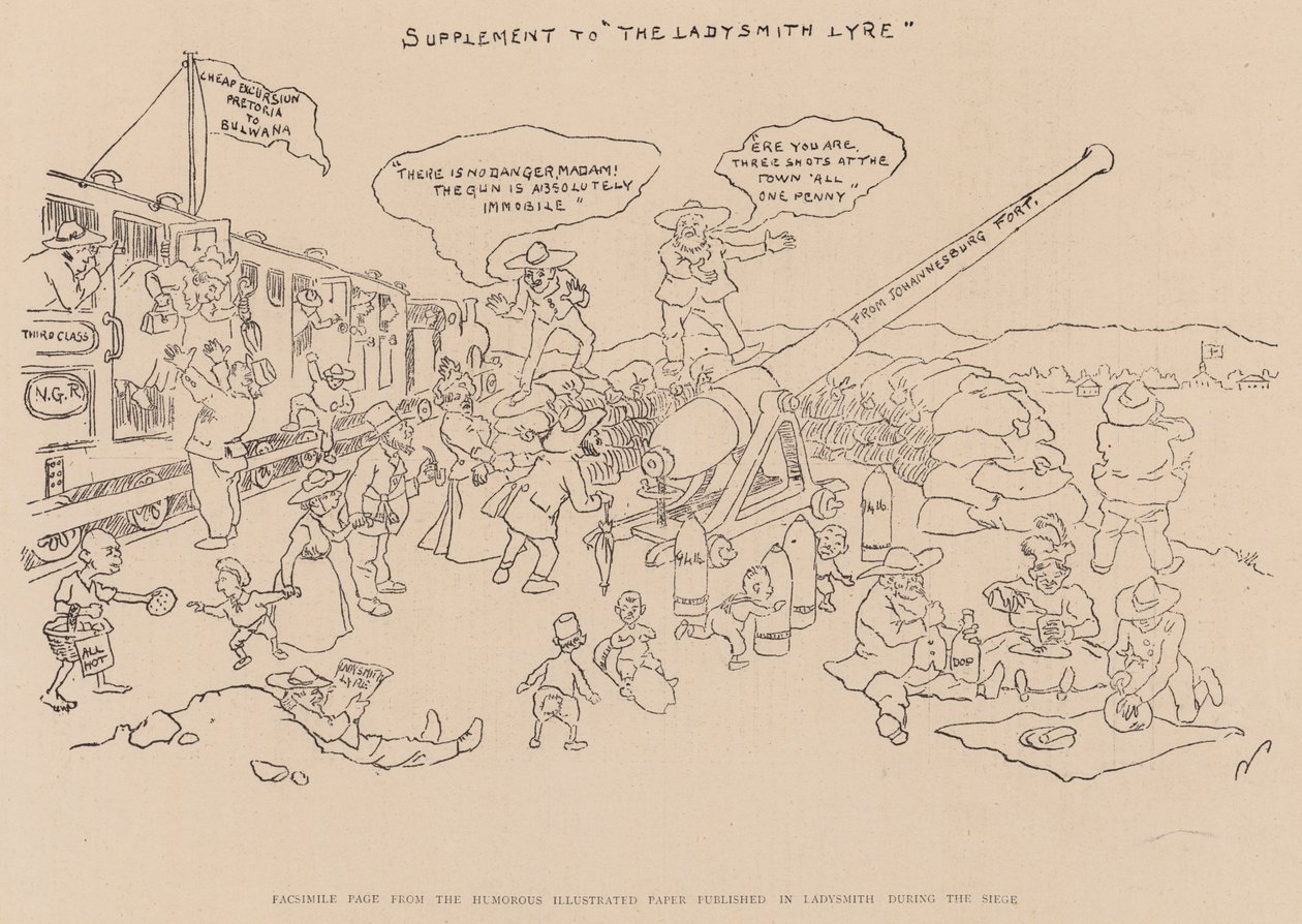 Página fac-similada do jornal humorístico ilustrado publicado em Ladysmith durante o cerco (litografia) de English School