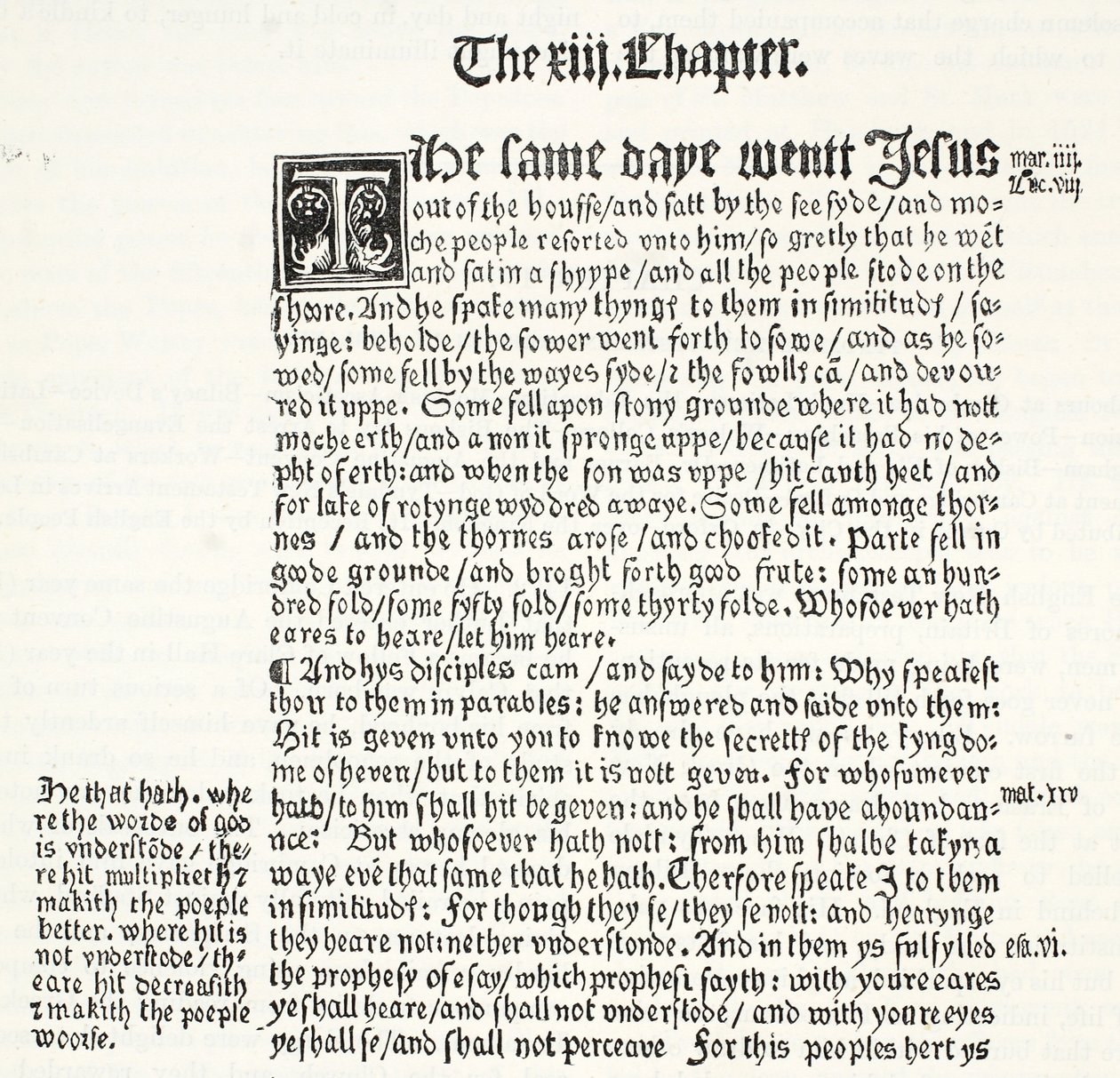 Fac-símile do Evangelho de São Mateus, Capítulo XIII, versículos 1-15, do Testamento de Tyndales, ilustração da História do Protestantismo por James Aitken Wylie (1808-1890), pub. 1878 de English School