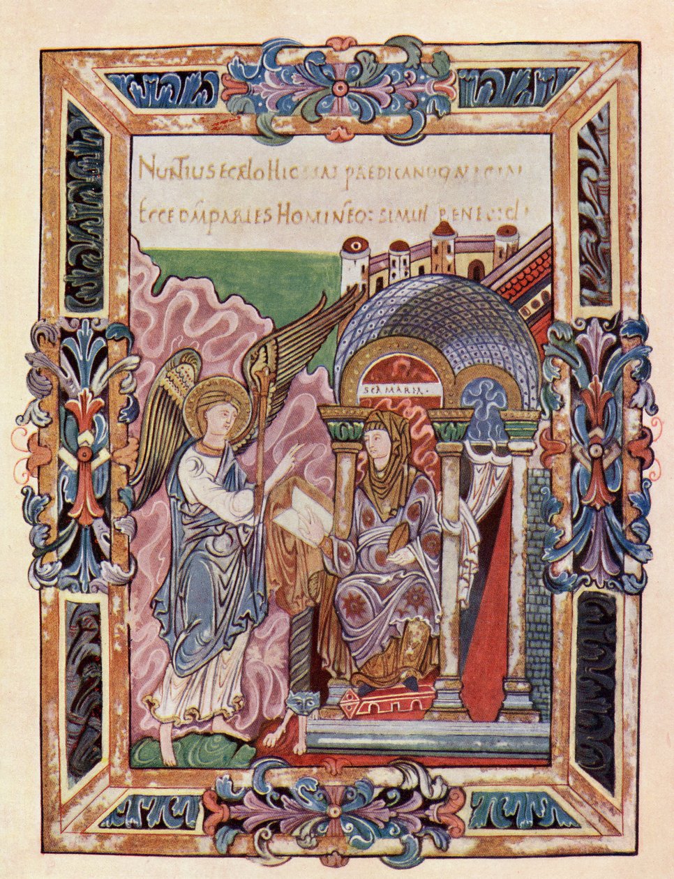 Fac-símile de uma página do Ethelwold Benedictional mostrando a Anunciação, do livro A Igreja da Inglaterra: Uma História para o Povo, publicado em 1910 de English School