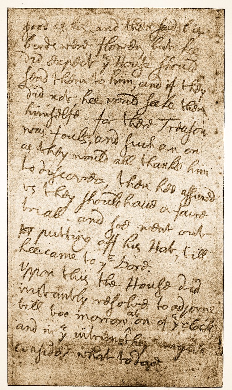 Fac-símile de uma página de notas Sir Ralph Verneys no Parlamento Longo de Memórias da Família Verney (foto sépia) de English School