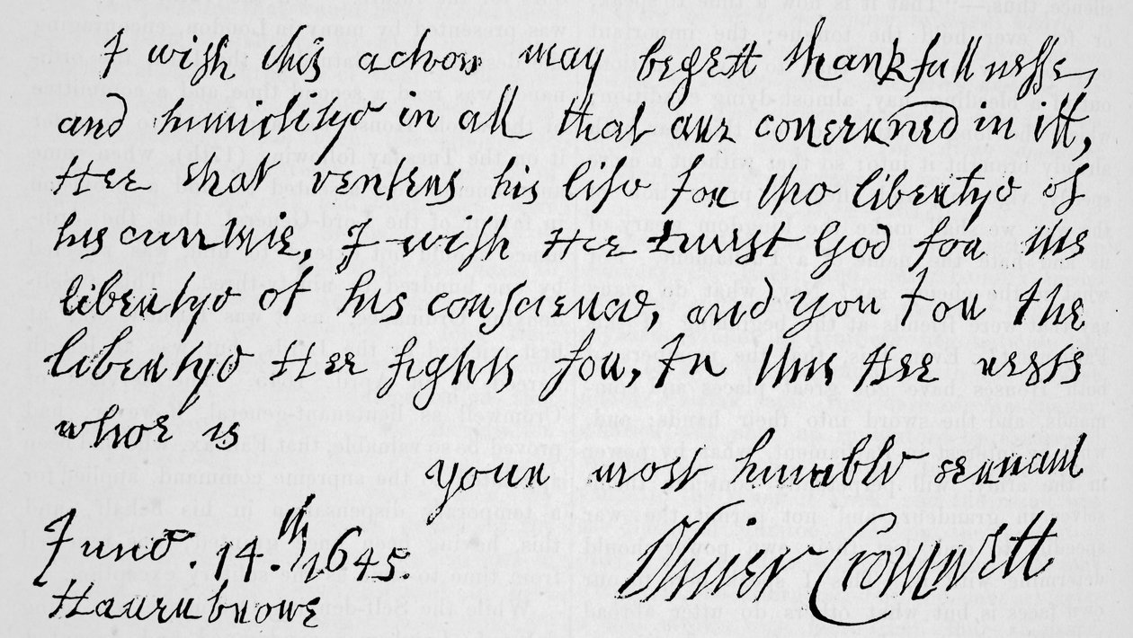 Fac-símile de uma parte da carta escrita por Cromwell a Lenthall, presidente da Câmara dos Comuns, anunciando a vitória de Naseby de English School