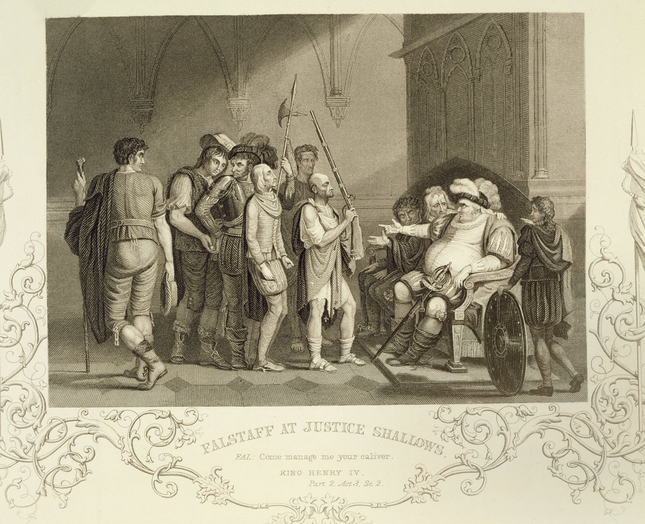 Falstaff em Justice Shallows, em Henrique IV (Parte 2) Ato III Cena 2, por William Shakespeare (1564-1616) de English School