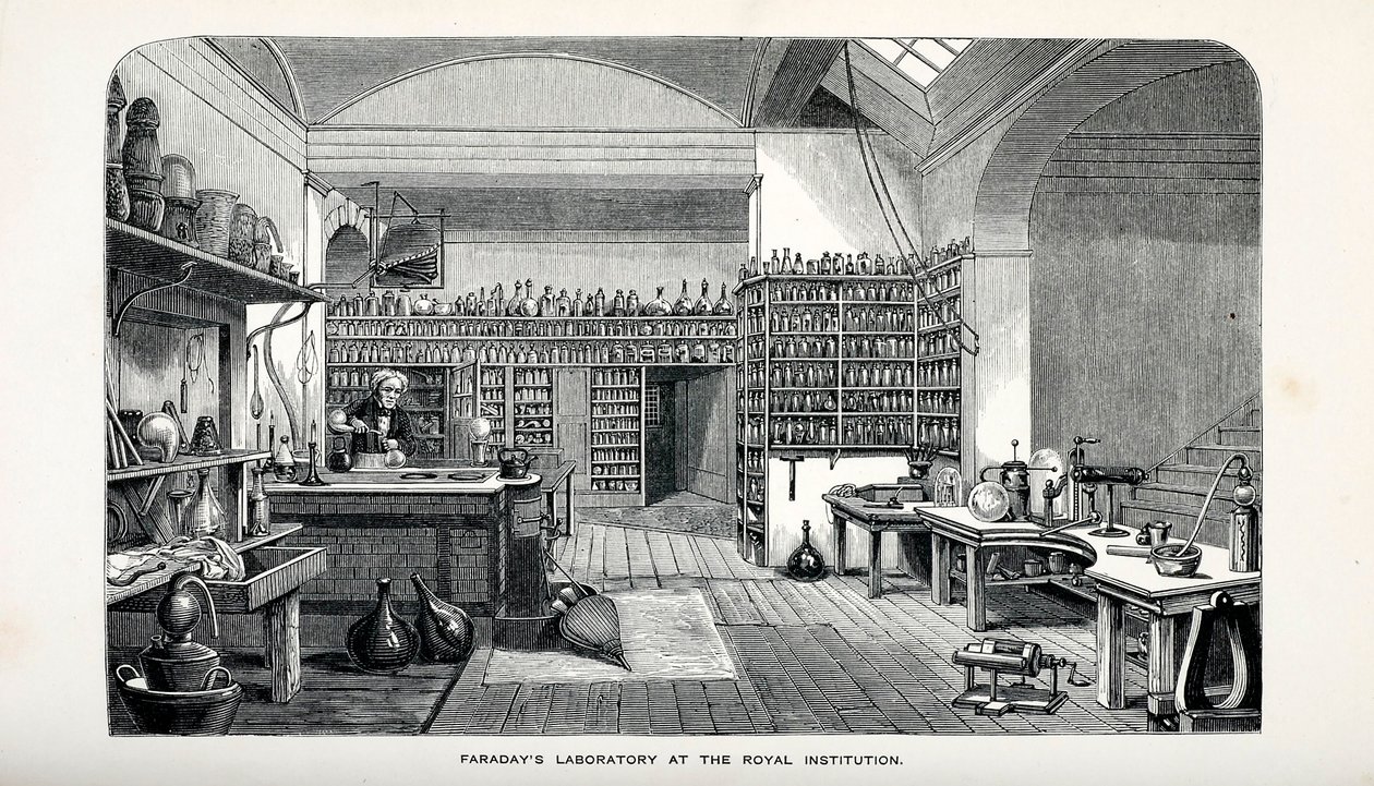 Laboratório de Faraday na Royal Institution, pub. 1870. de English School