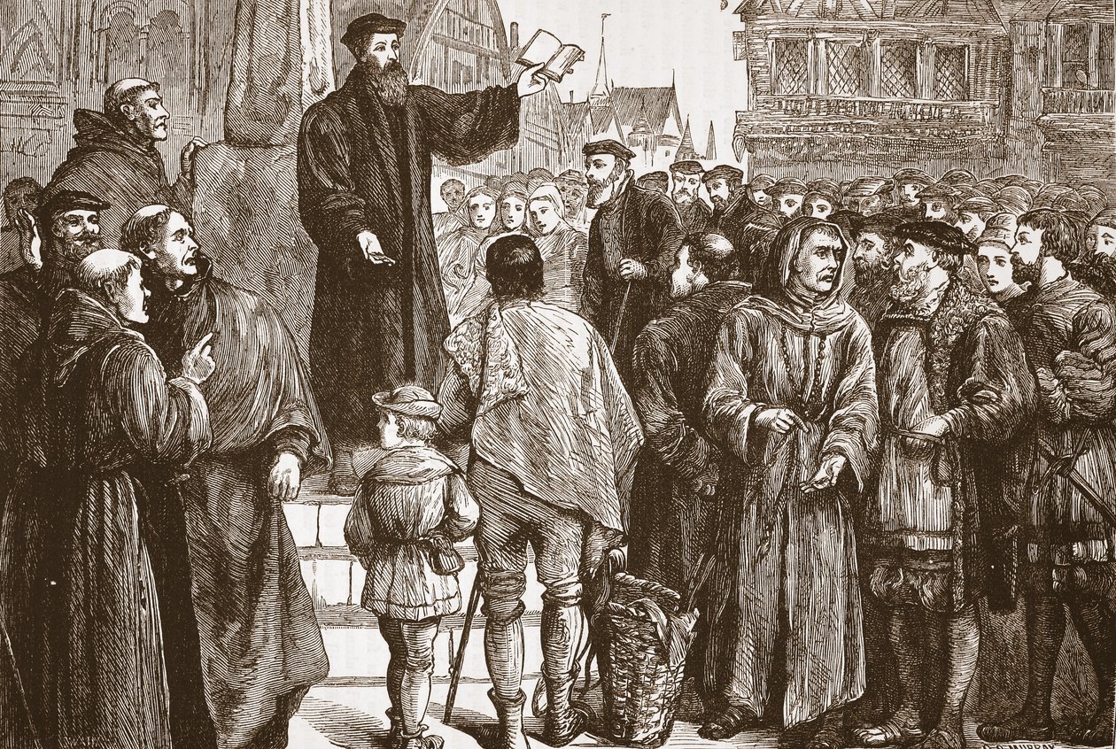 Farel pregando no mercado de Neuchâtel, ilustração de The History of Protestantism por James Aitken Wylie (1808-1890), pub. 1878 de English School