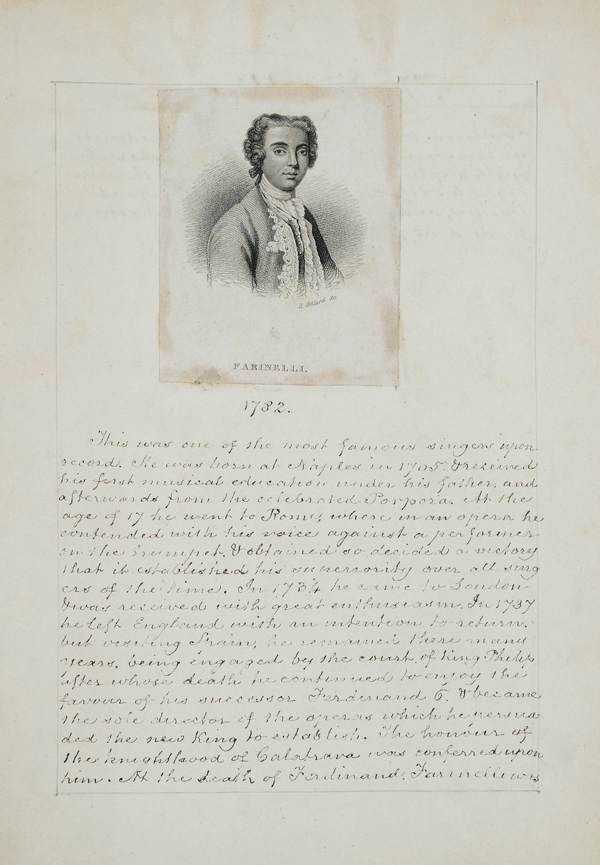 Farinelli, gravado por Henry Adlard (fl.1828-69), c.1830 (gravura e caneta e tinta sobre papel) de English School