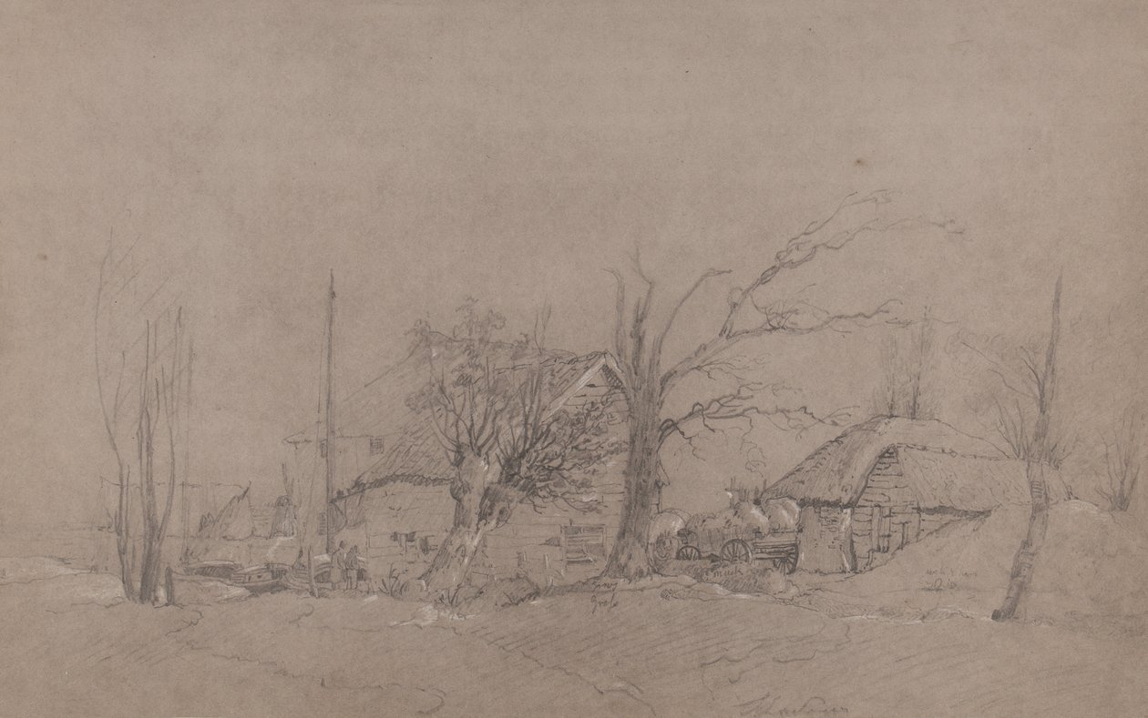 Construções agrícolas por um banco de rios, c.1840 de English School