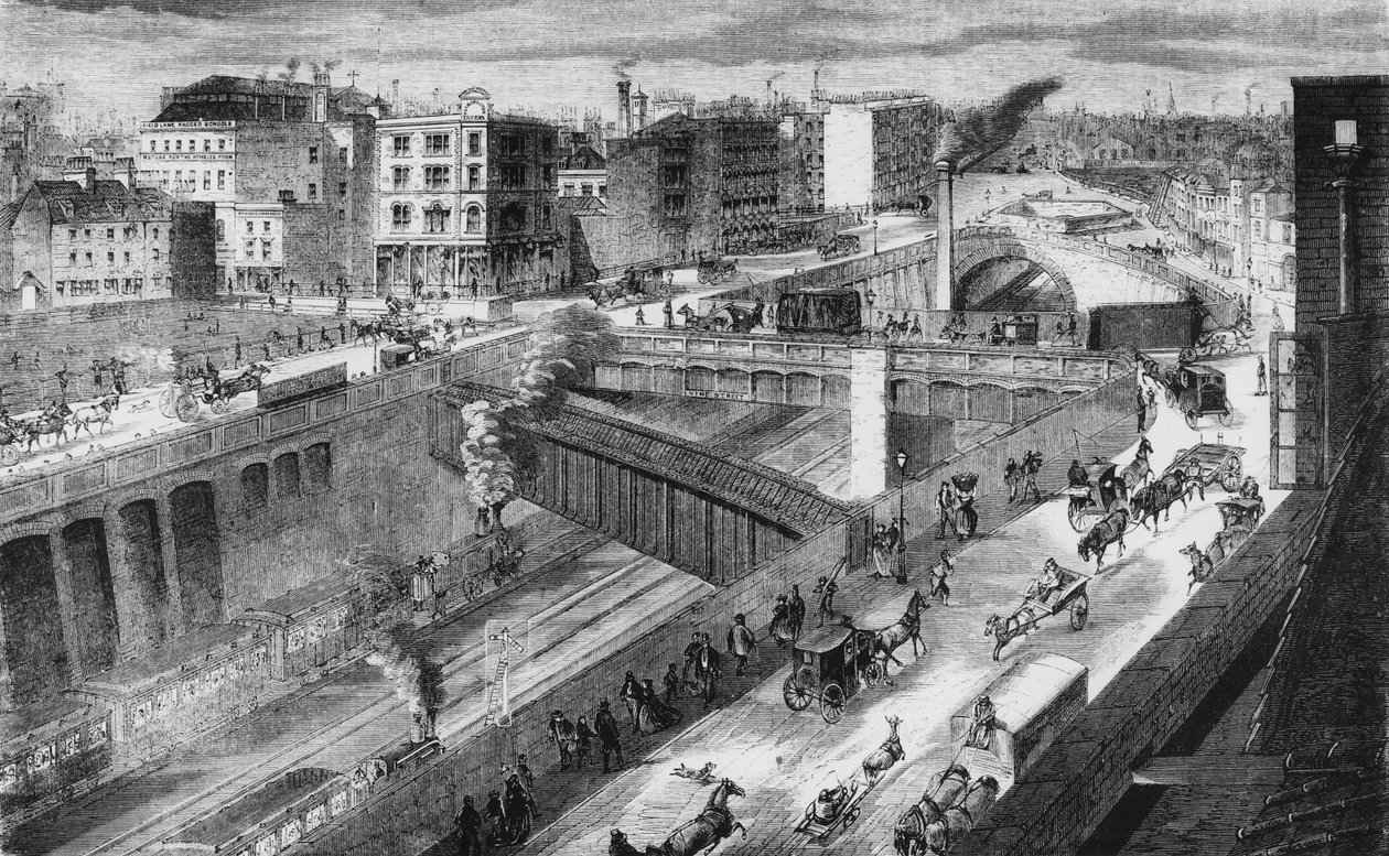 Farringdon Road e o Metropolitan Railway com vista para norte de English School