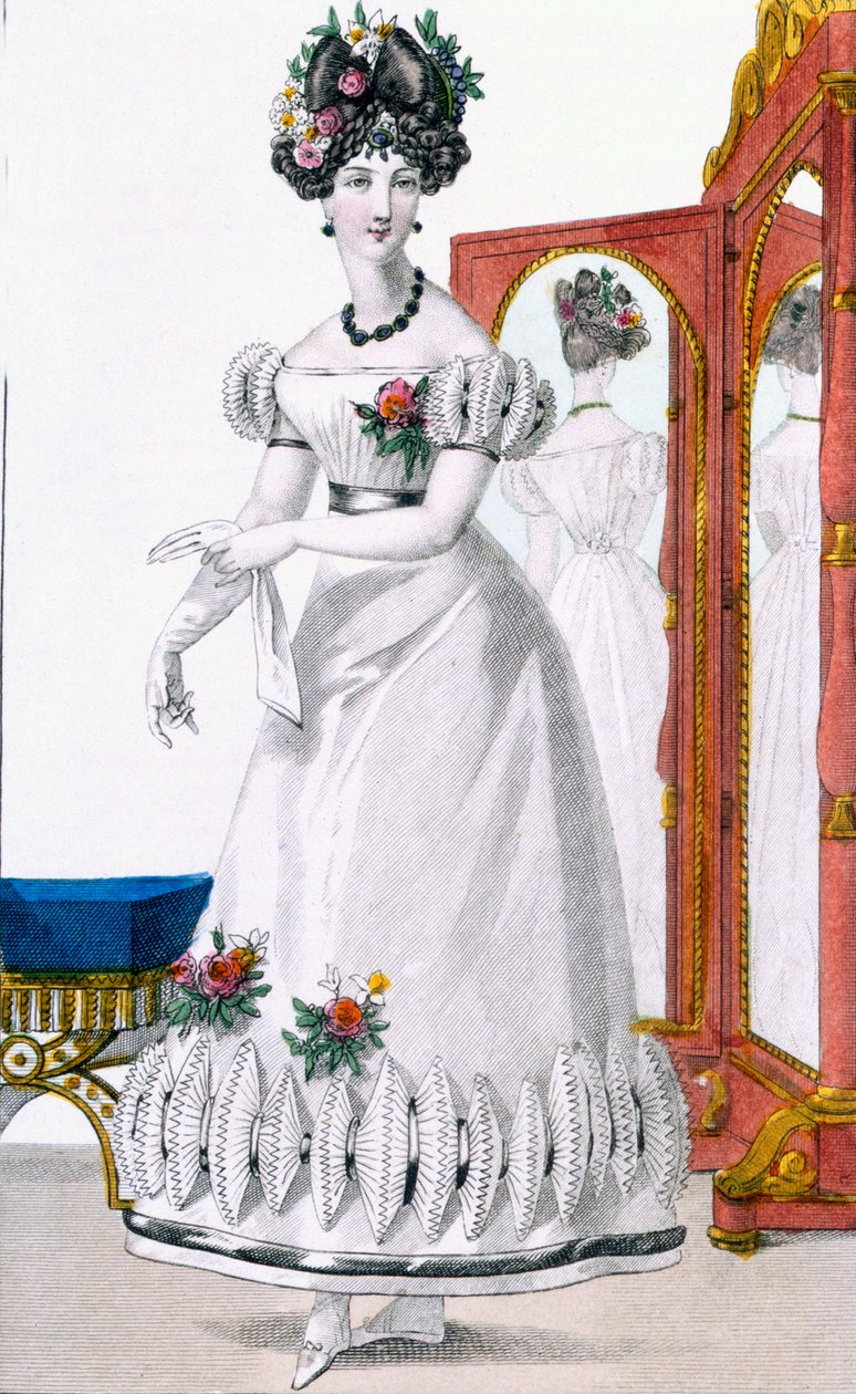 Prato de moda de uma senhora em vestido de noite, anúncio da 