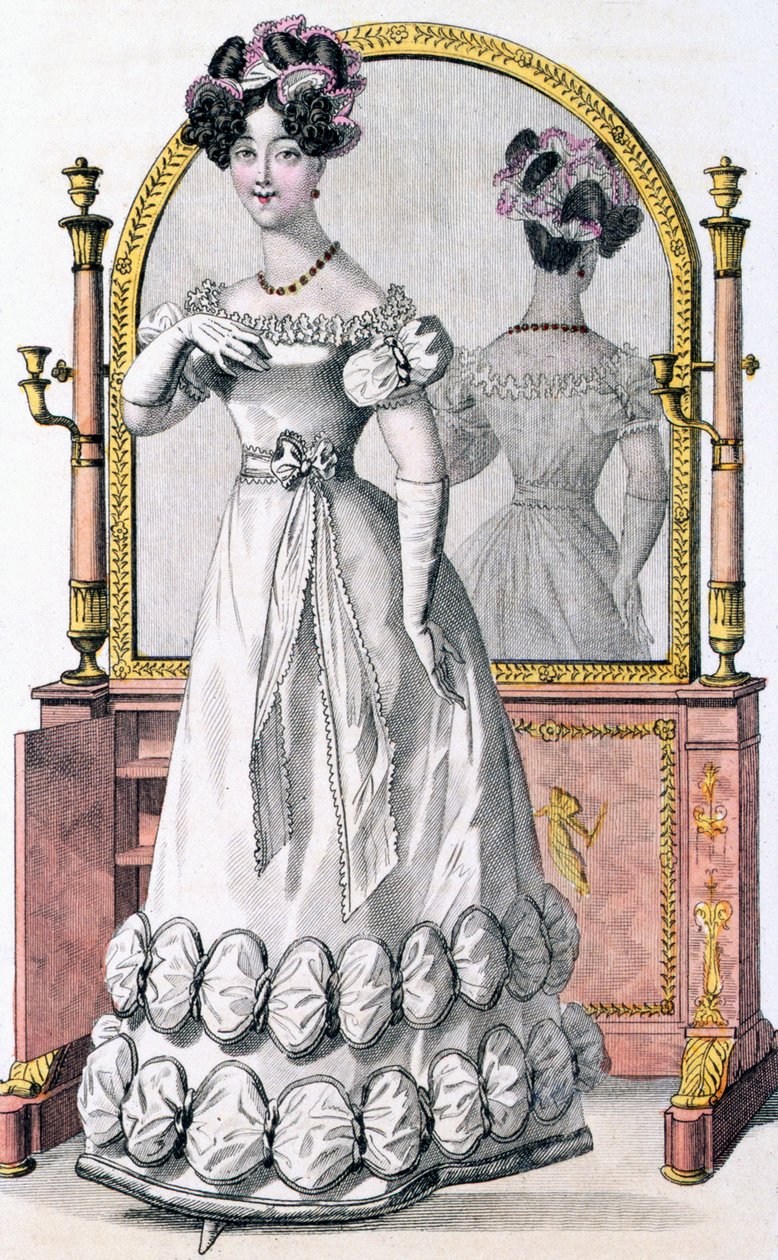 Prato de moda de uma senhora em vestido de noite, anúncio da 
