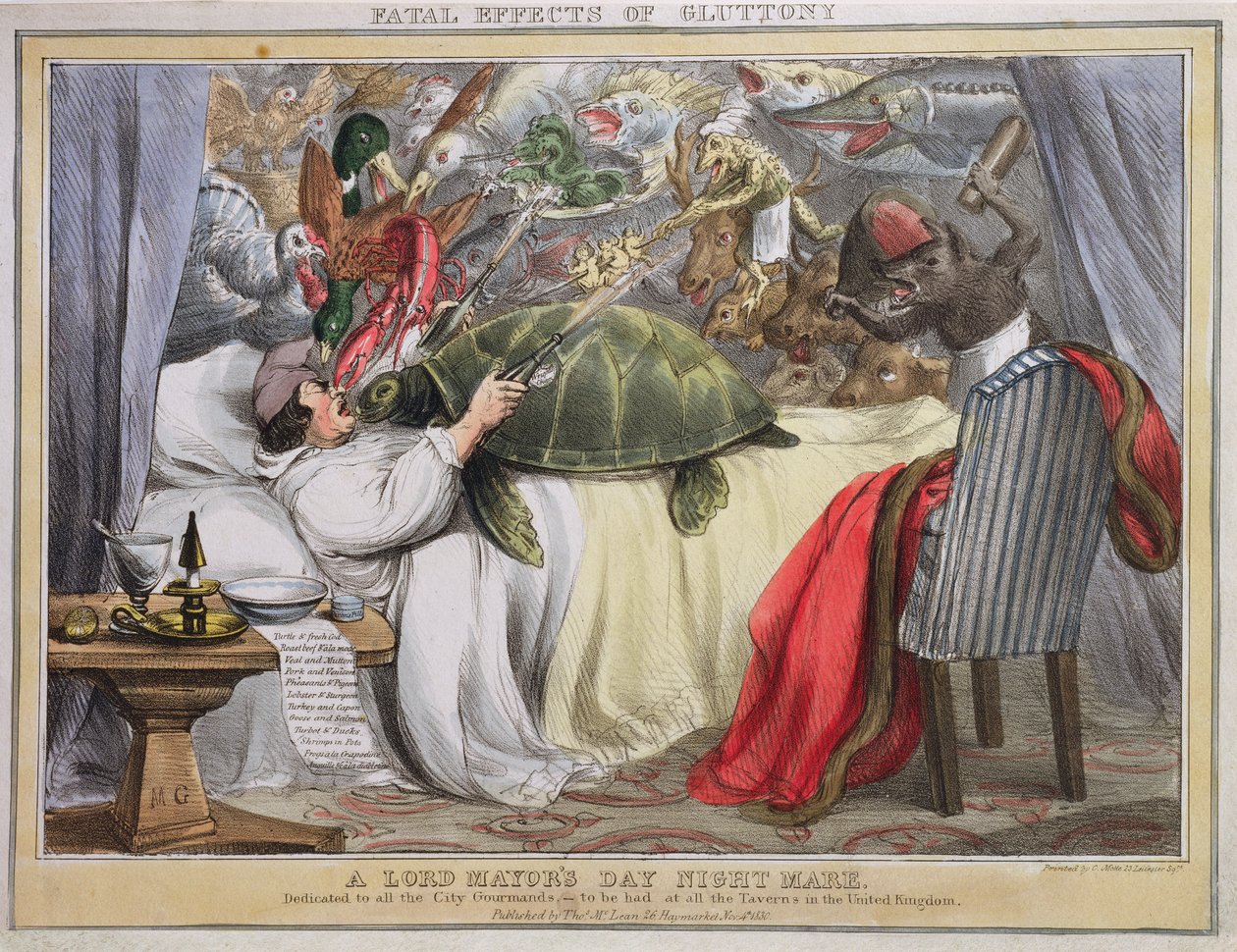 Efeitos fatais da gula, uma égua noturna do Lord Mayors Day, publicada por Thomas McLean (1788-1875) 1830 de English School