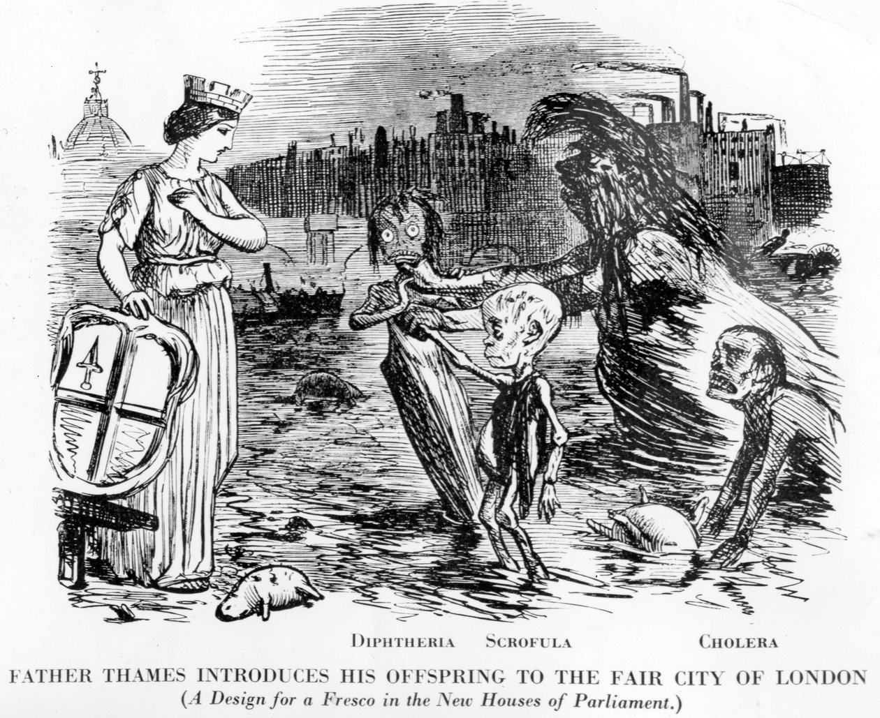 Padre Tâmisa Apresentando sua descendência à Feira de Londres, sendo os filhotes Diptheria, Scrofula e Cólera. Mais um esgoto a céu aberto do que um rio, o estado repugnante do Tâmisa em Londres. de English School