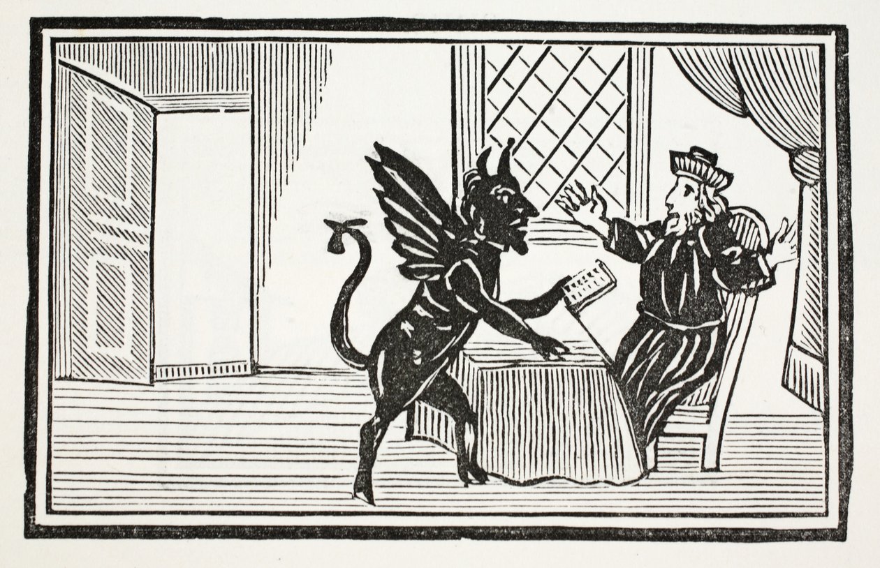 Fausto, advertido pelo Espírito, esperava o seu fim, ilustração dos livros de capítulos do século XVIII, de autoria de John Ashton, pub. 1882 de English School