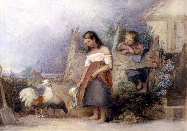Alimentando Frangos (aquarela sobre papel) de English School