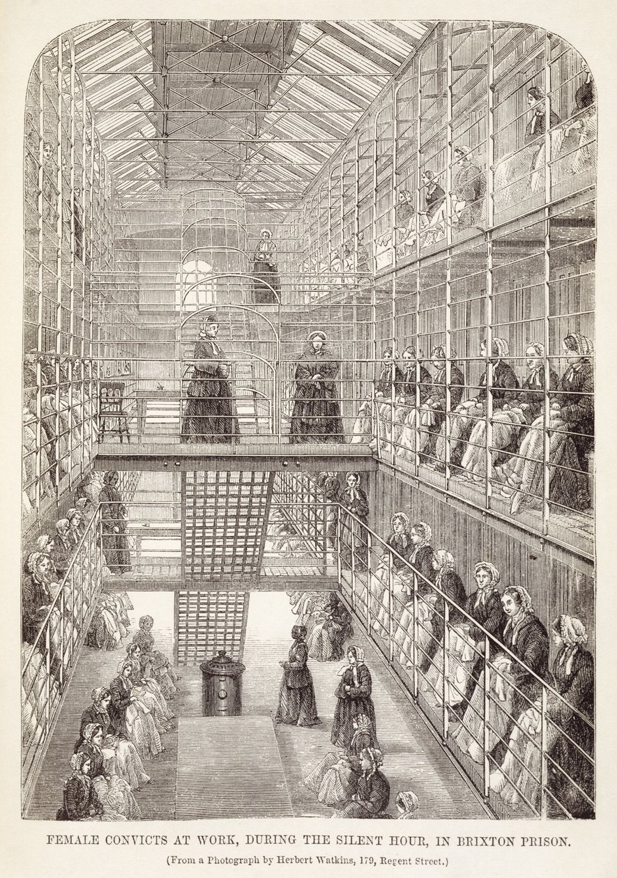 Mulher Condenada no Trabalho durante a Hora do Silêncio na Prisão de Brixton, de The Criminal Prison of London e Scenes of Prison Life por Henry Mayhew (1812-1887) e John Binny, 1860 de English School