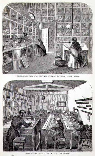 Loja de Roupas Feminina de Prisioneiras e a Escola de Meninos na Prisão de Tothill Fields, de "The Criminal Prisons of London and Scenes of Prison Life" de Henry Mayhew (1812-87) e John Binny de English School