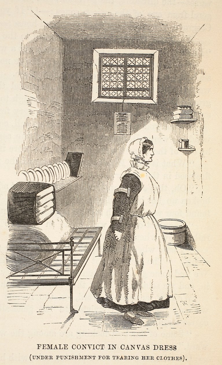 O condenado fêmea no vestido da lona (sob a punição para rasgá-la a roupa), a ilustração das prisões criminosas de Londres e as cenas da vida da prisão por Henry Mayhew e por John Binny, bar. 1862 (engra de English School