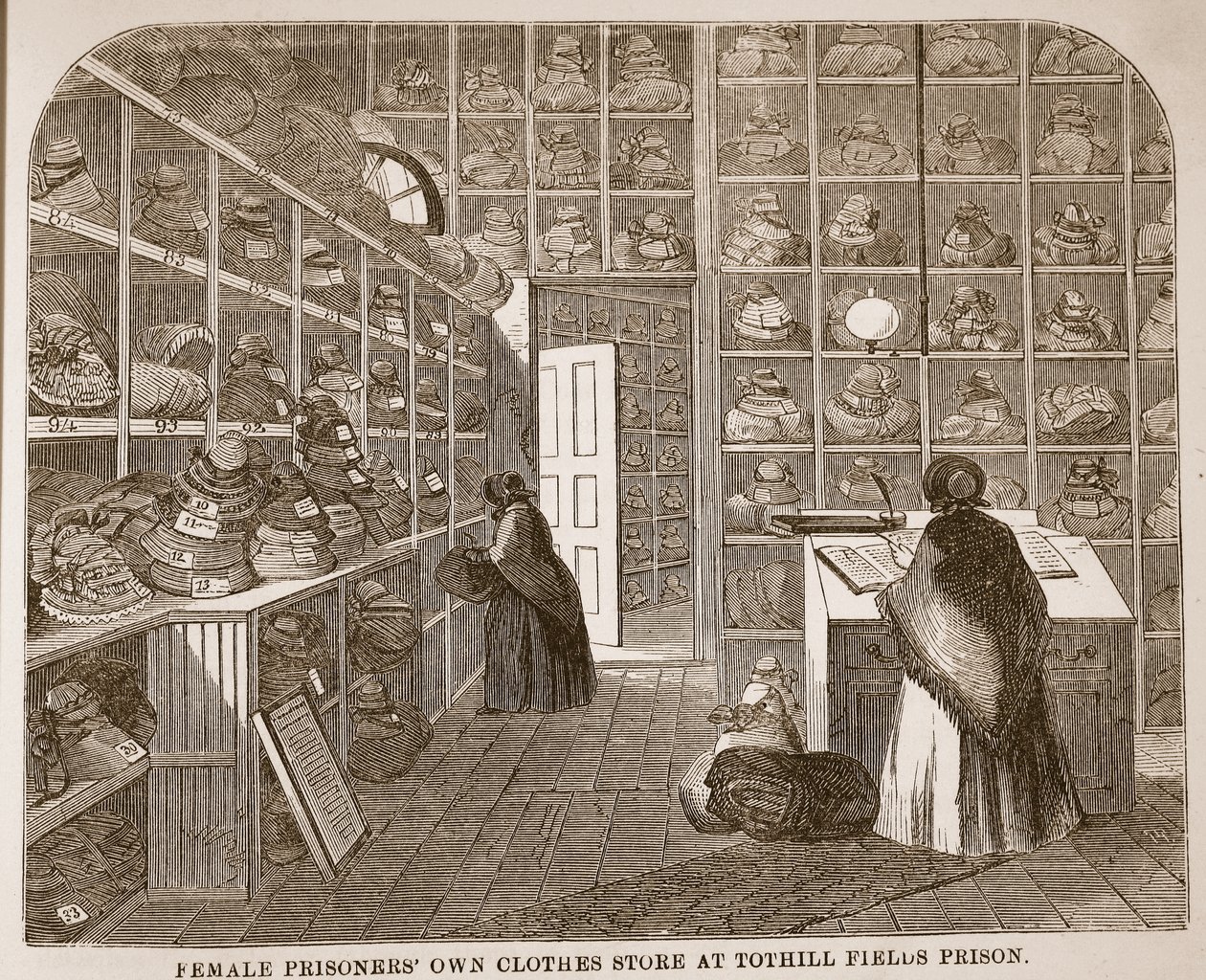 Os prisioneiros fêmeas possuem a loja da roupa na prisão dos campos de Tothill, ilustração das prisões criminosas de Londres e cenas da vida da prisão por Henry Mayhew e por John Binny, bar. 1862 de English School