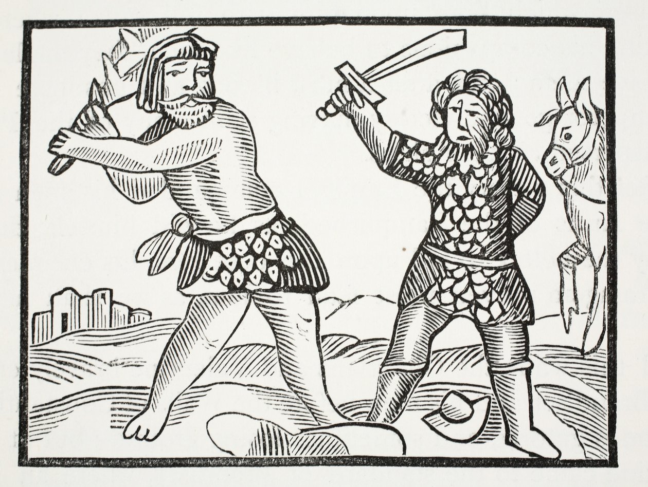 Ferragus cria um poderoso exército e sitia a cidade de Acquitain, ilustração de Chap-books do século XVIII de John Ashton, pub. 1882 de English School