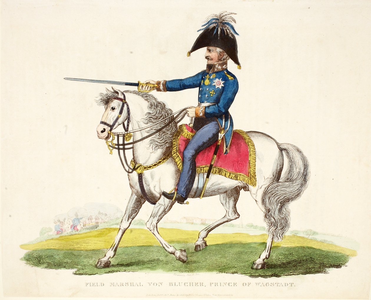 Campo Marshall von Blucher, Príncipe de Wagstadt, pub. por Richard Evans, engr romney, ilustração de um relato histórico da batalha de Waterloo por William Mudford, 1816 de English School