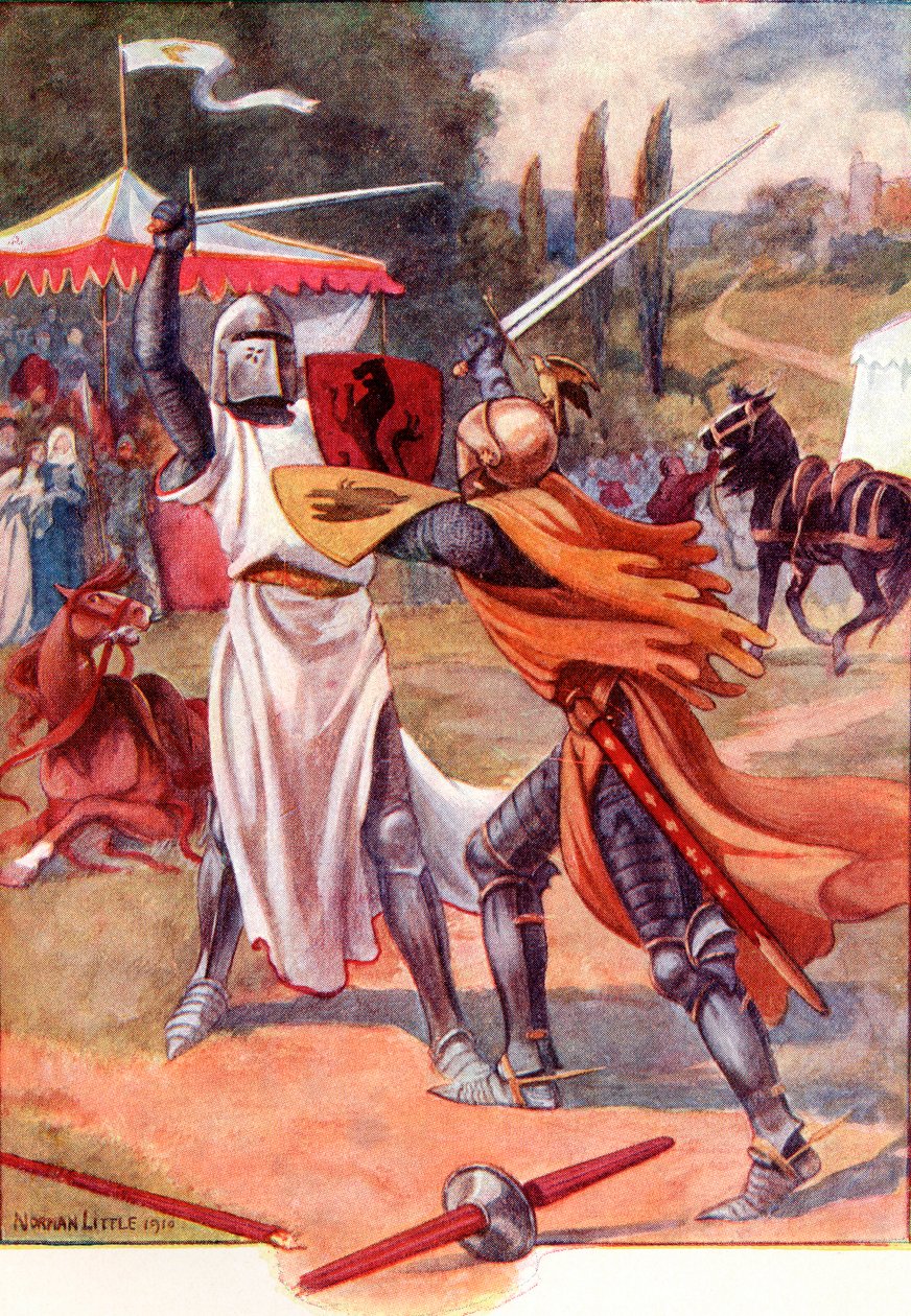 Cavaleiros combatentes com armadura. Ilustração a cores do livro The Gateway to Tennyson, publicado em 1910. de English School
