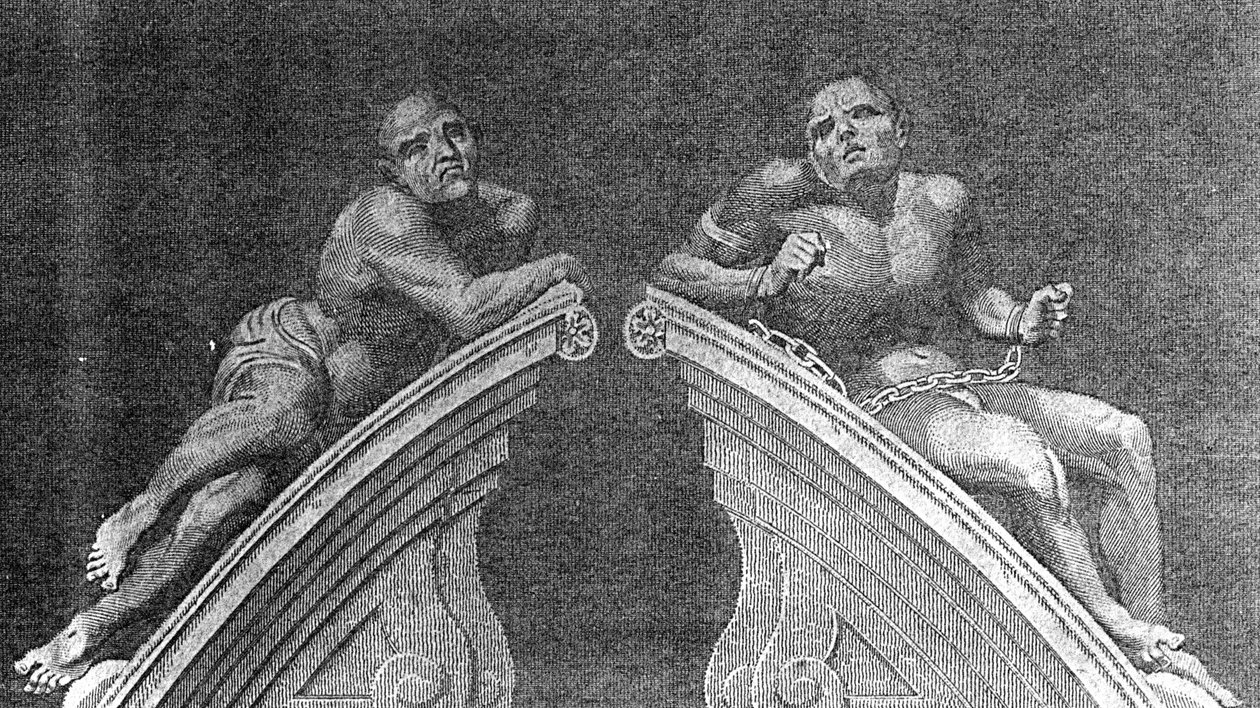 Figuras sobre o Gateway of Bethlehem Hospital, gravado por A. Birrell para Lamberts History of London, 1805 de English School
