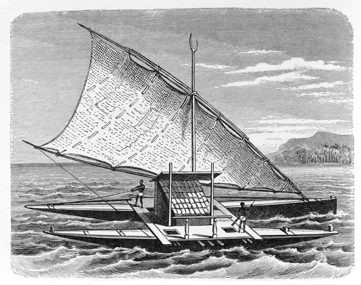 Canoa dupla de Fiji, de "A História da Humanidade", Vol. 1, do Prof. Friedrich Ratzel, 1896 (gravura) de English School